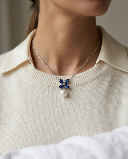 Freshwater Pearl Blue Sapphire & Diamond Floral Necklace in 14K White Gold - editorial hero