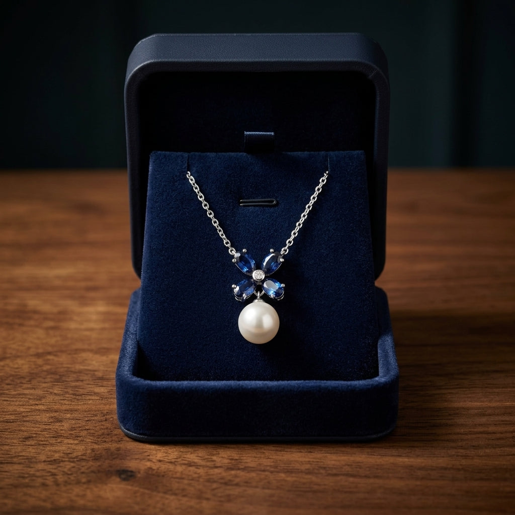 Freshwater Pearl Blue Sapphire & Diamond Floral Necklace in 14K White Gold - presentation