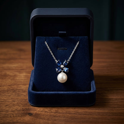 Freshwater Pearl Blue Sapphire & Diamond Floral Necklace in 14K White Gold - presentation