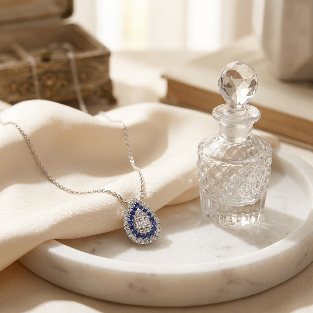 Sapphire and Diamond Pear Shape Necklace in 14k White Gold 16-18 Inch Adjustable Cable Chain — marble silk