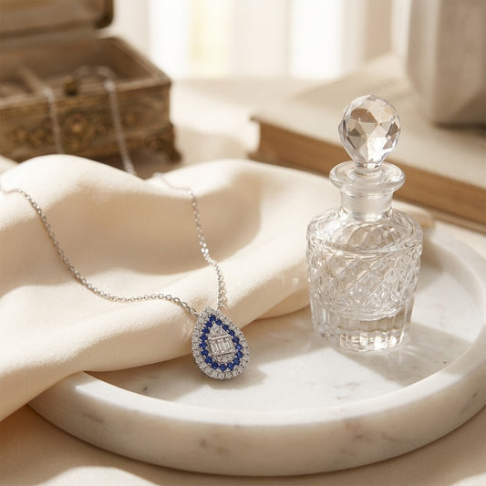 Sapphire and Diamond Pear Shape Necklace in 14k White Gold 16-18 Inch Adjustable Cable Chain — marble silk
