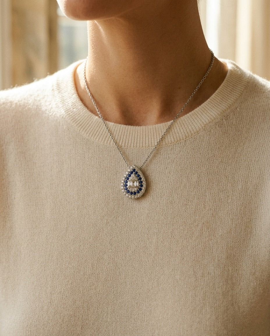 Sapphire and Diamond Pear Shape Necklace in 14k White Gold 16-18 Inch Adjustable Cable Chain — portrait close