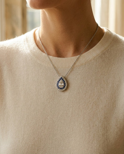 Sapphire and Diamond Pear Shape Necklace in 14k White Gold 16-18 Inch Adjustable Cable Chain — portrait close