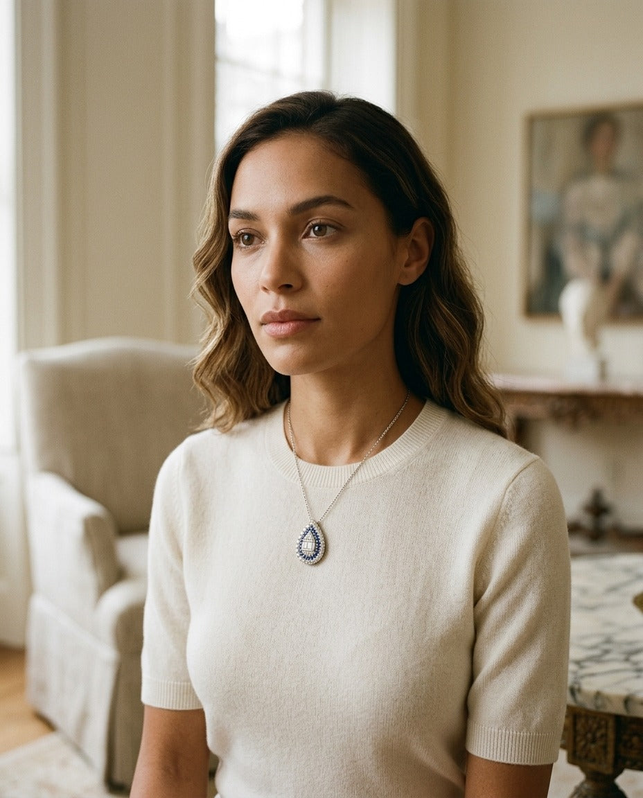 Sapphire and Diamond Pear Shape Necklace in 14k White Gold 16-18 Inch Adjustable Cable Chain — portrait full
