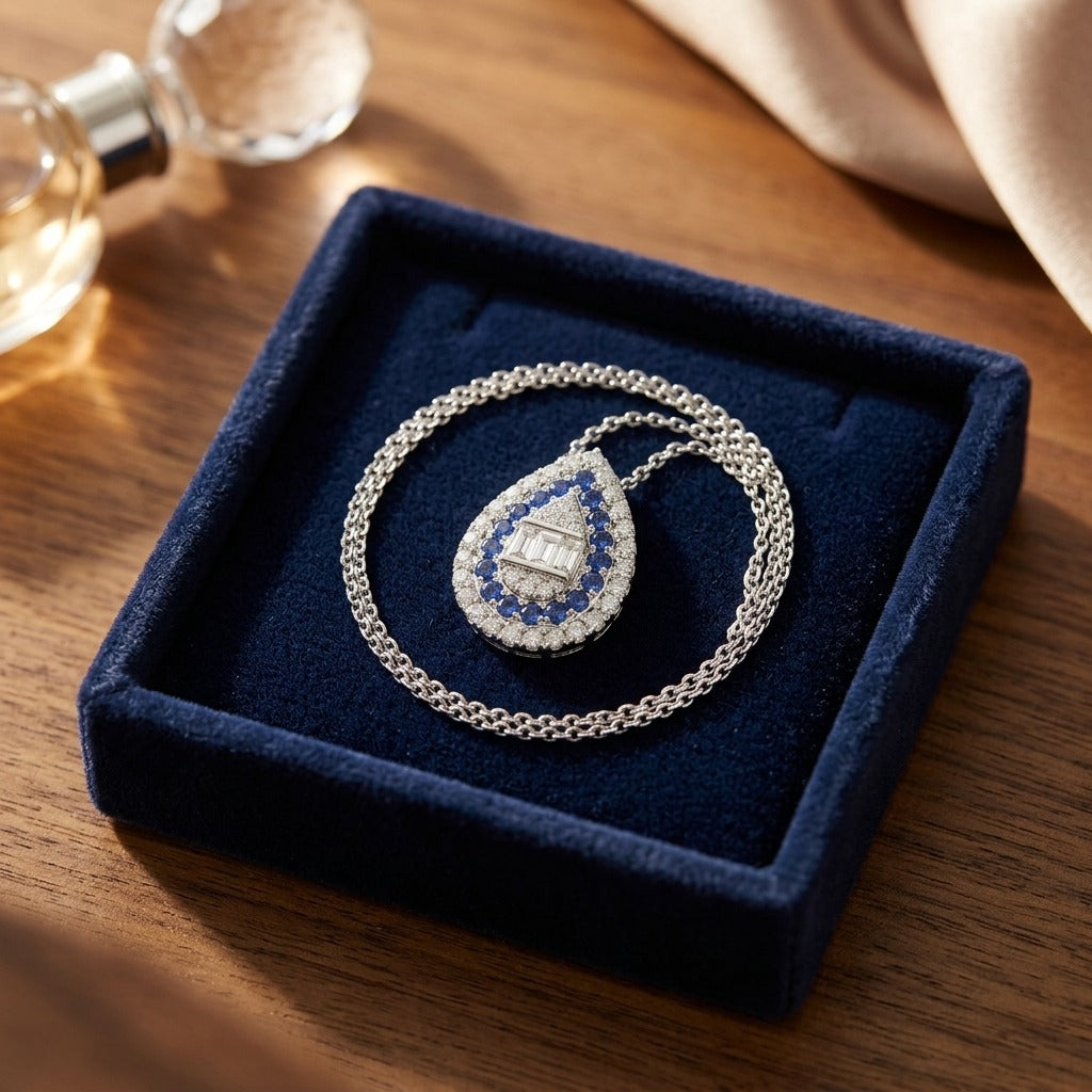 Sapphire and Diamond Pear Shape Necklace in 14k White Gold 16-18 Inch Adjustable Cable Chain — velvet box