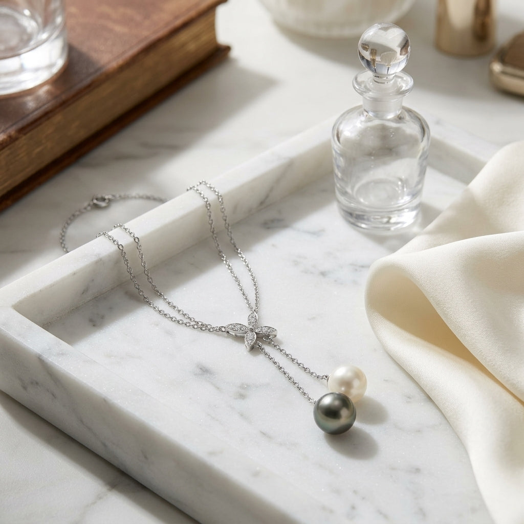 Tahitian & Freshwater Pearl with Diamond Accent Floral Necklace in 14K White Gold - lifestyle