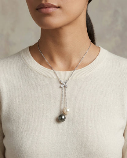 Tahitian & Freshwater Pearl with Diamond Accent Floral Necklace in 14K White Gold - editorial hero
