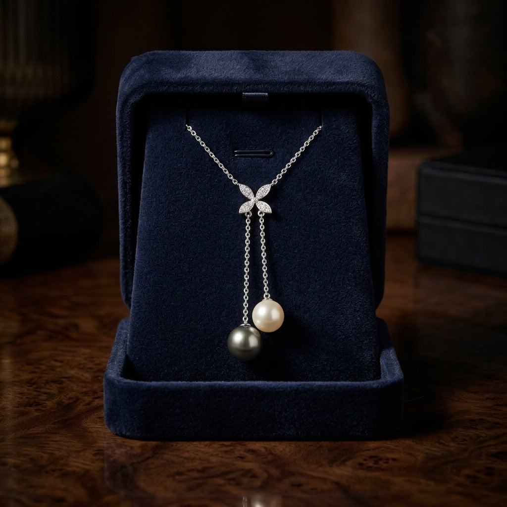 Tahitian & Freshwater Pearl with Diamond Accent Floral Necklace in 14K White Gold - presentation