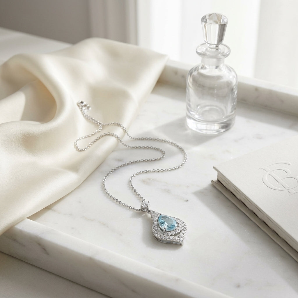 Aquamarine and Diamond Teardrop Pendant in 14k White Gold 3/8ctw — atelier still life
