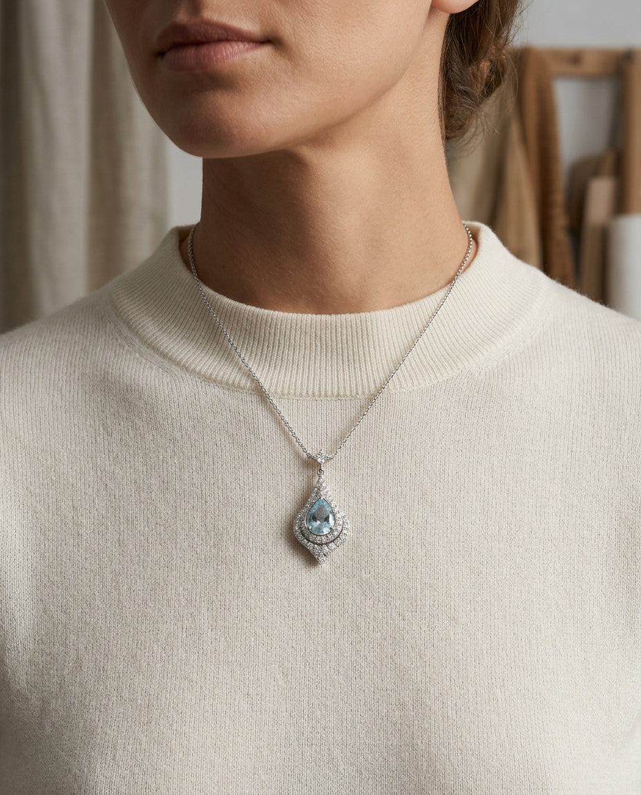 Aquamarine and Diamond Teardrop Pendant in 14k White Gold 3/8ctw — editorial close-up