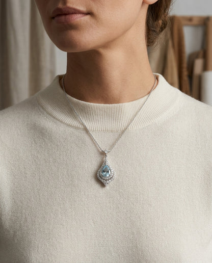Aquamarine and Diamond Teardrop Pendant in 14k White Gold 3/8ctw — editorial close-up
