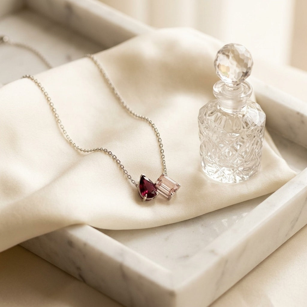 Rhodolite Garnet and Morganite Toi et Moi Necklace in 14k White Gold — marble silk
