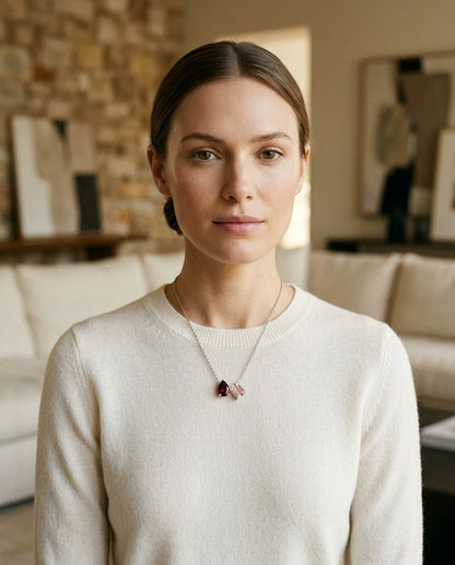 Rhodolite Garnet and Morganite Toi et Moi Necklace in 14k White Gold — portrait close
