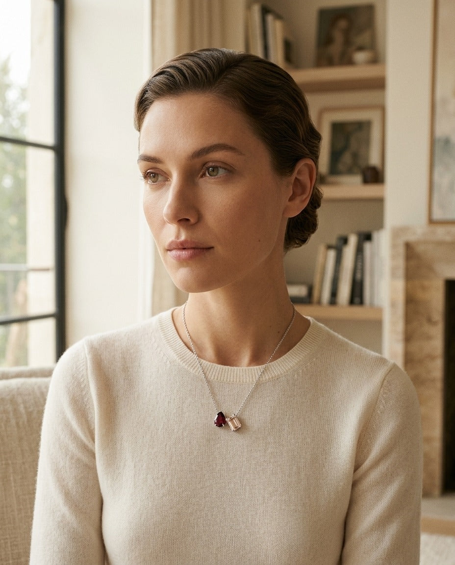 Rhodolite Garnet and Morganite Toi et Moi Necklace in 14k White Gold — portrait full
