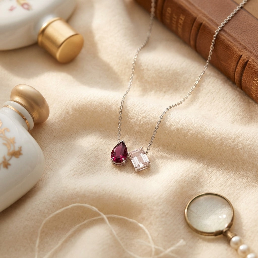 Rhodolite Garnet and Morganite Toi et Moi Necklace in 14k White Gold — textile flat lay