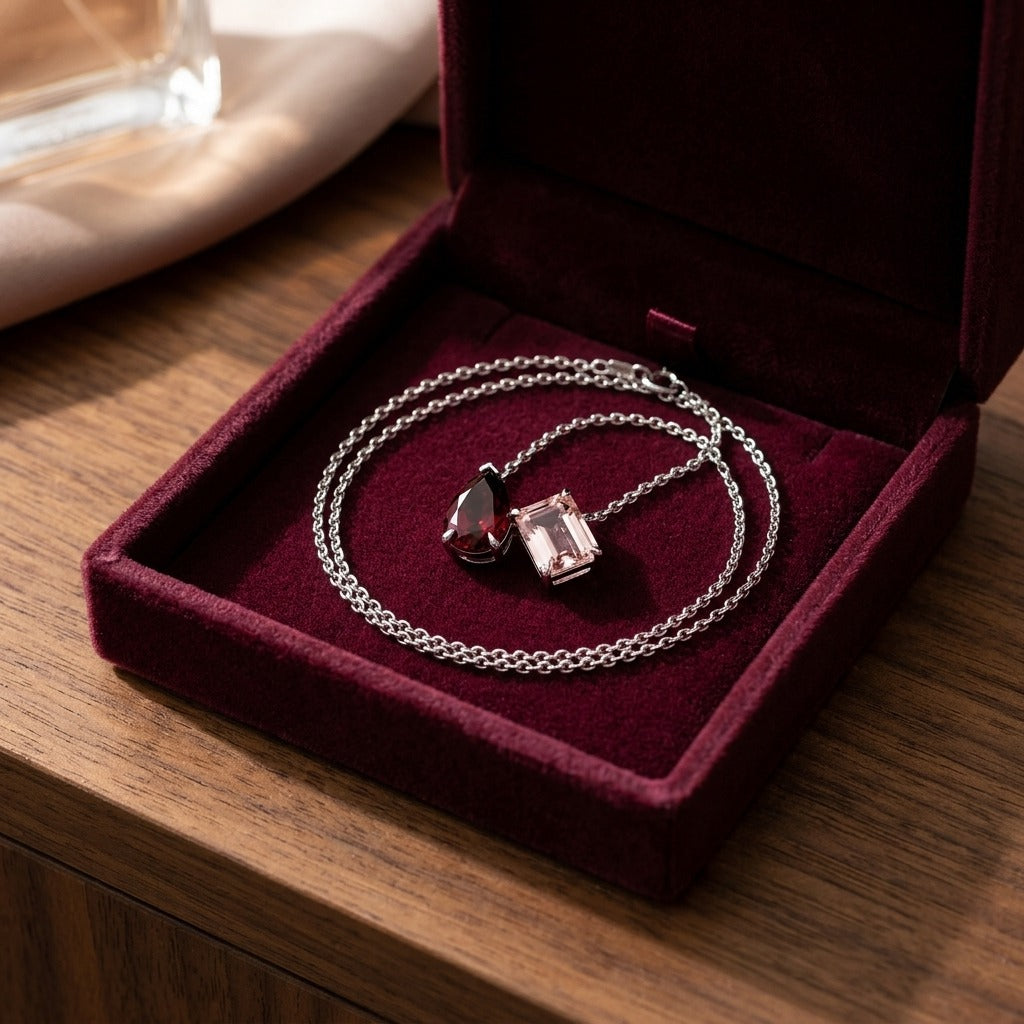 Rhodolite Garnet and Morganite Toi et Moi Necklace in 14k White Gold — velvet box