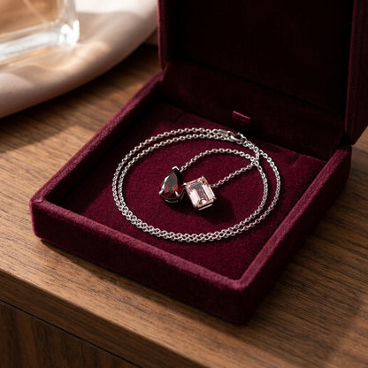Rhodolite Garnet and Morganite Toi et Moi Necklace in 14k White Gold — velvet box