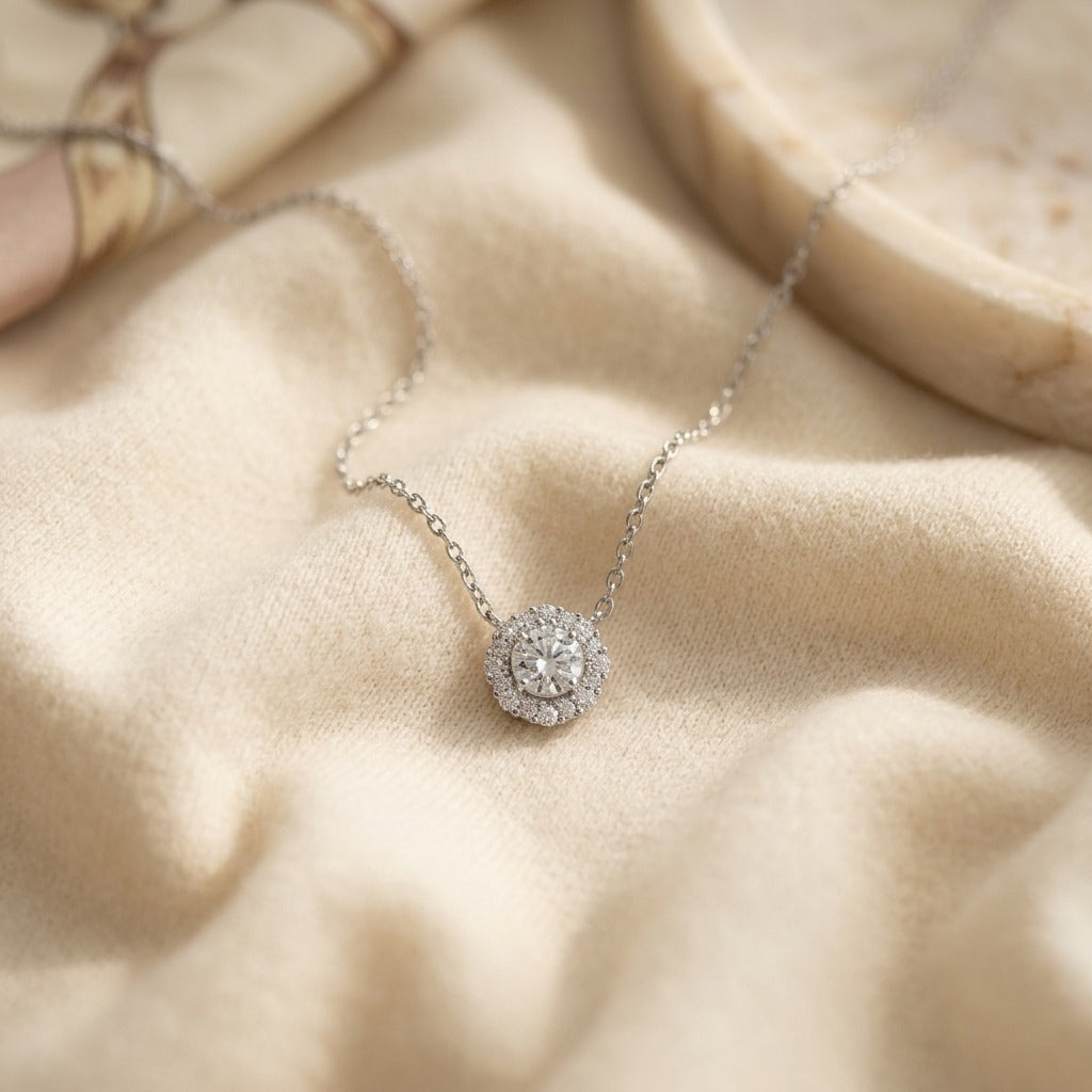 Diamond Halo Necklace in 14k White Gold 1ctw 16-18 Inch Adjustable Chain — textile flat lay