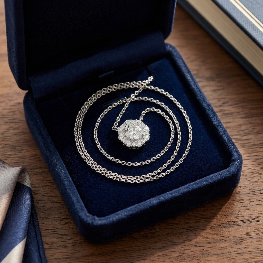 Diamond Halo Necklace in 14k White Gold 1ctw 16-18 Inch Adjustable Chain — velvet box
