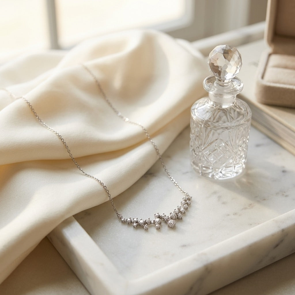 Diamond Round Brilliant Scattered Necklace in 14k White Gold 4/5ctw 16-18in Adj — marble silk
