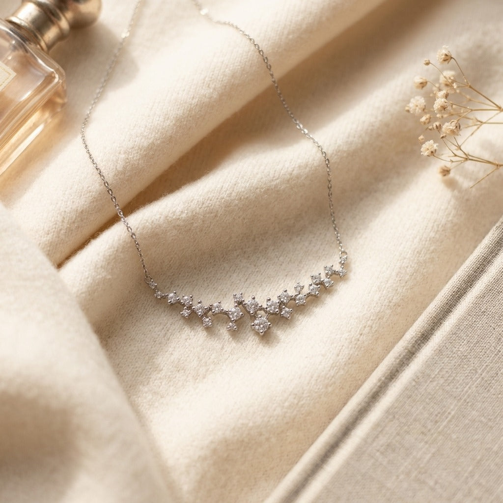 Diamond Round Brilliant Scattered Necklace in 14k White Gold 4/5ctw 16-18in Adj — textile flat lay