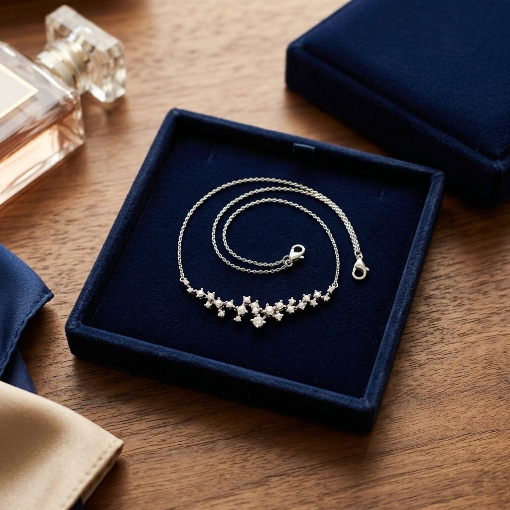Diamond Round Brilliant Scattered Necklace in 14k White Gold 4/5ctw 16-18in Adj — velvet box