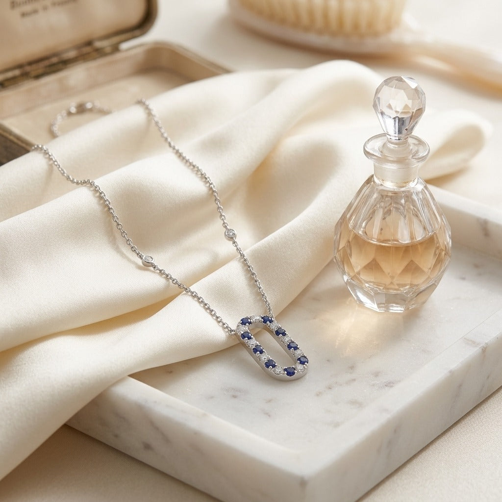 Sapphire and Diamond Alternating Paperclip Necklace in 14k White Gold 1/3ctw 16-18 Inch Adjustable Length — marble silk