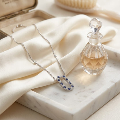 Sapphire and Diamond Alternating Paperclip Necklace in 14k White Gold 1/3ctw 16-18 Inch Adjustable Length — marble silk