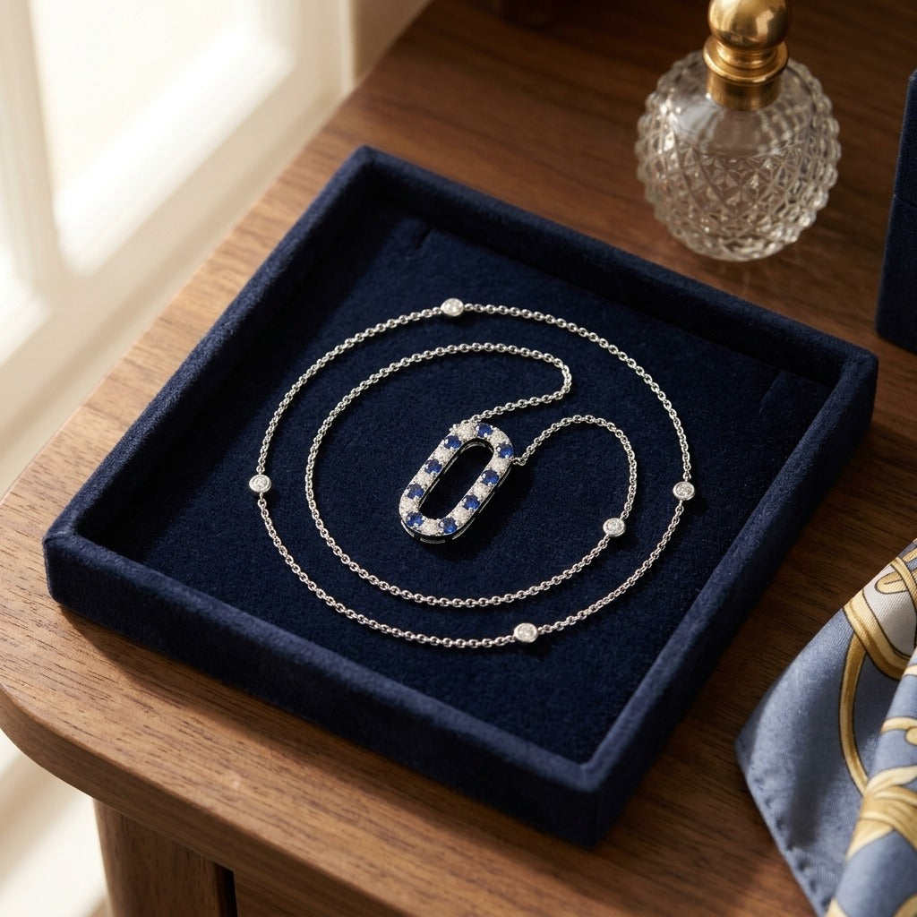 Sapphire and Diamond Alternating Paperclip Necklace in 14k White Gold 1/3ctw 16-18 Inch Adjustable Length — velvet box