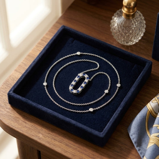 Sapphire and Diamond Alternating Paperclip Necklace in 14k White Gold 1/3ctw 16-18 Inch Adjustable Length — velvet box