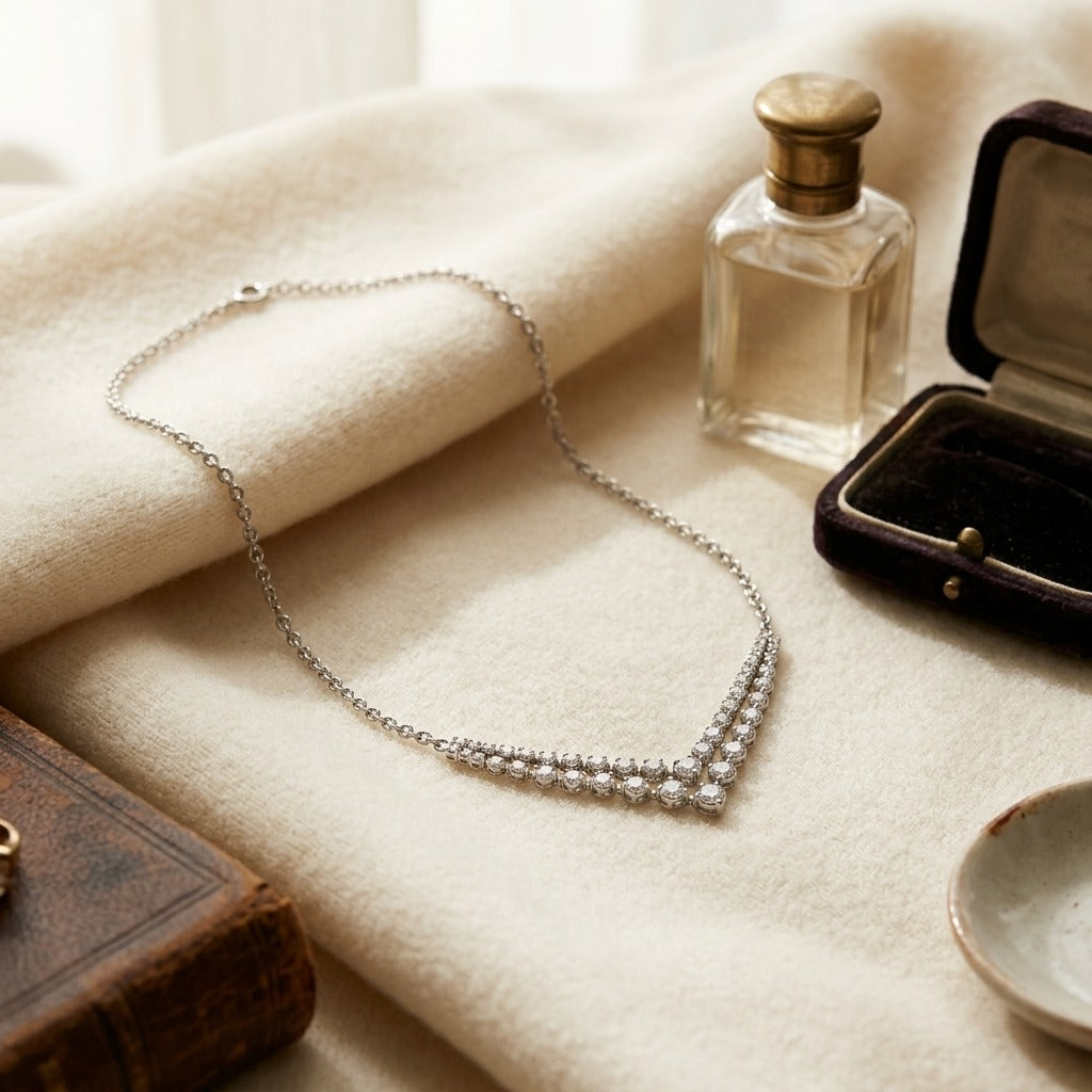 Diamond Chevron Necklace in 14k White Gold 1/2ctw (Ckg) — textile flat lay