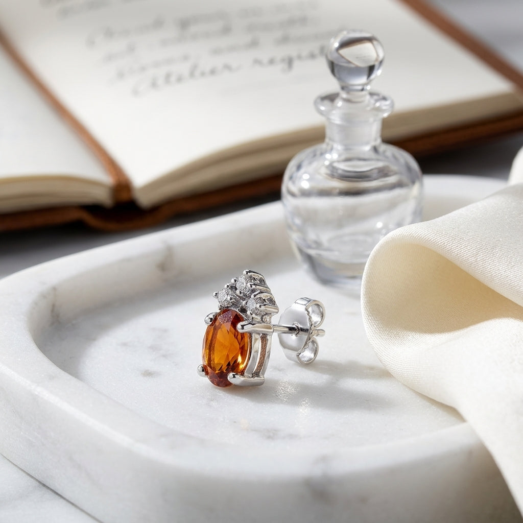 Citrine Oval And Diamond Earrings In 14k White Gold (7x5mm) — atelier still life