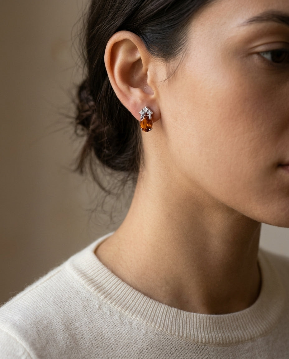 Citrine Oval And Diamond Earrings In 14k White Gold (7x5mm) — editorial close-up