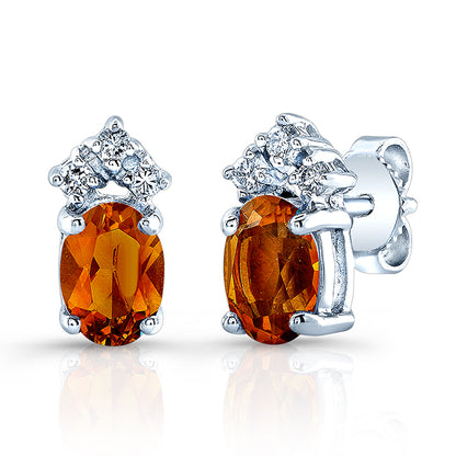 Citrine Oval And Diamond Earrings In 14k White Gold (7x5mm)