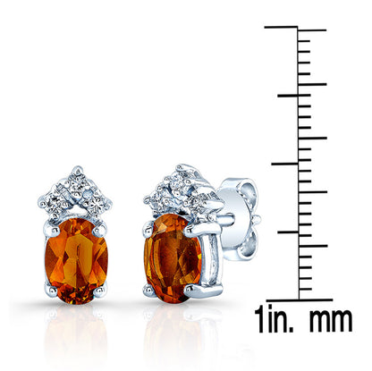Citrine Oval And Diamond Earrings In 14k White Gold (7x5mm)