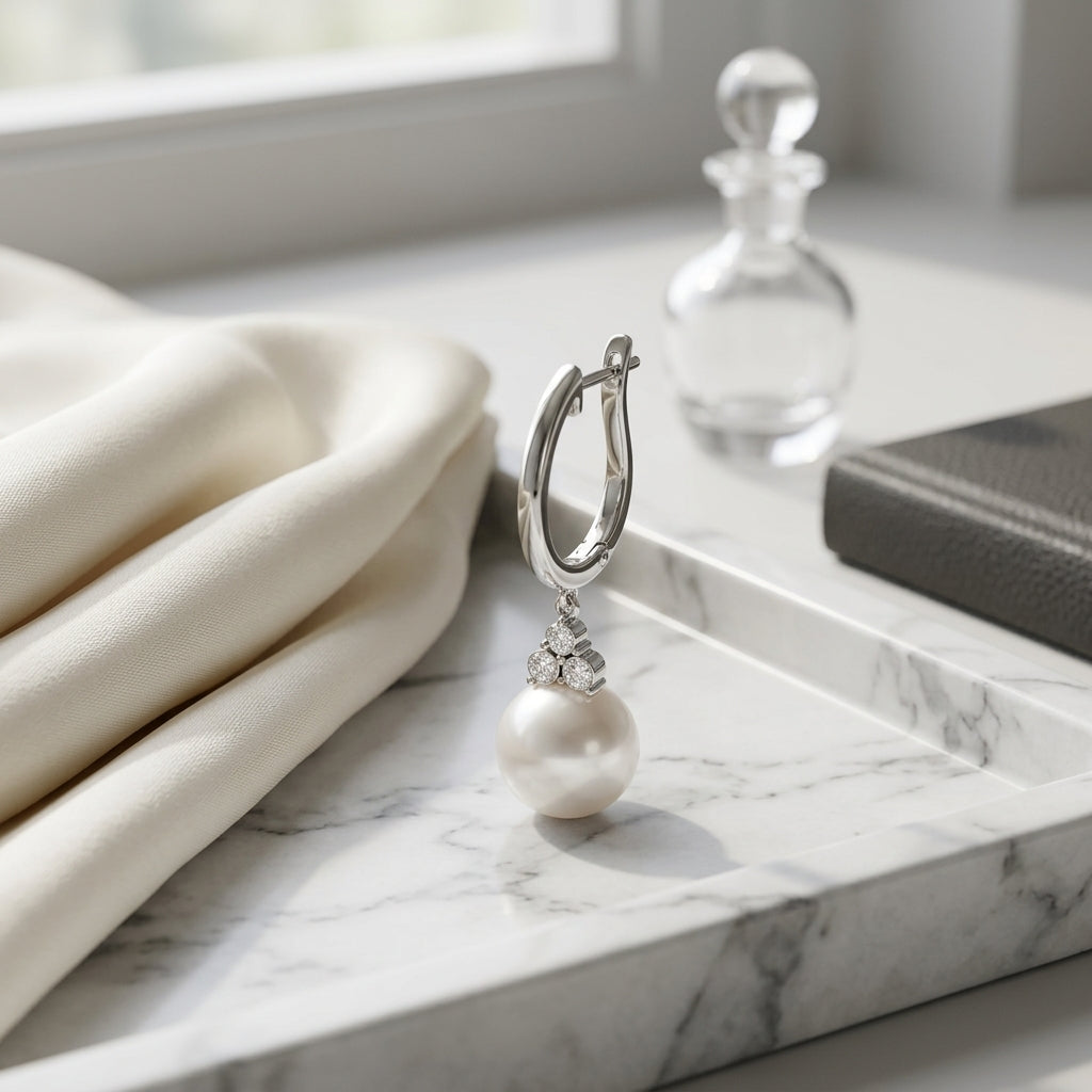 Akoya Pearl & Diamond Earrings 1/5ctw in 14K White Gold - lifestyle