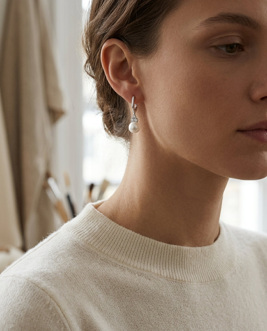 Akoya Pearl & Diamond Earrings 1/5ctw in 14K White Gold - editorial hero