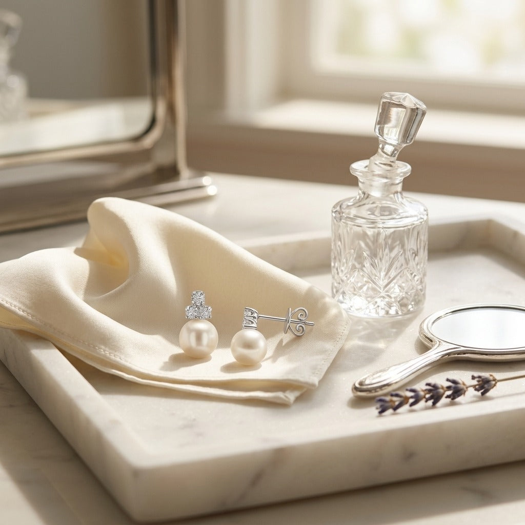 White Akoya Pearl With Diamond Earrings In 14k White Gold — marble silk