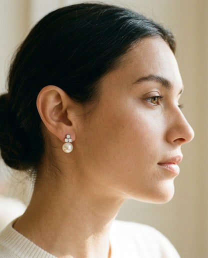White Akoya Pearl With Diamond Earrings In 14k White Gold — portrait close
