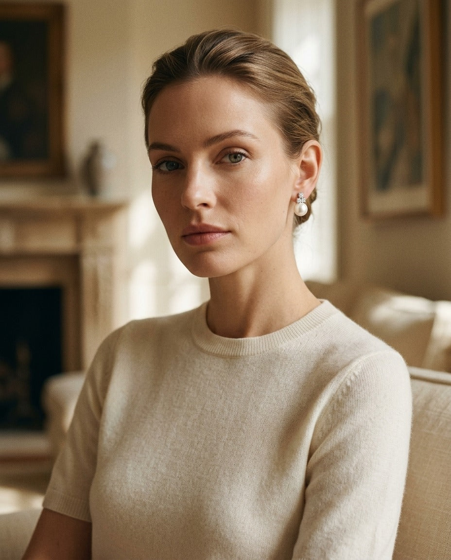White Akoya Pearl With Diamond Earrings In 14k White Gold — portrait full