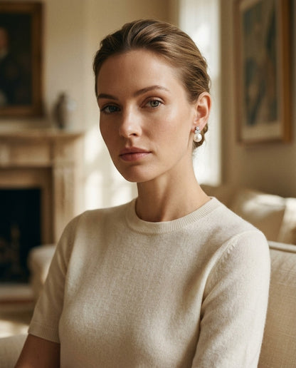 White Akoya Pearl With Diamond Earrings In 14k White Gold — portrait full