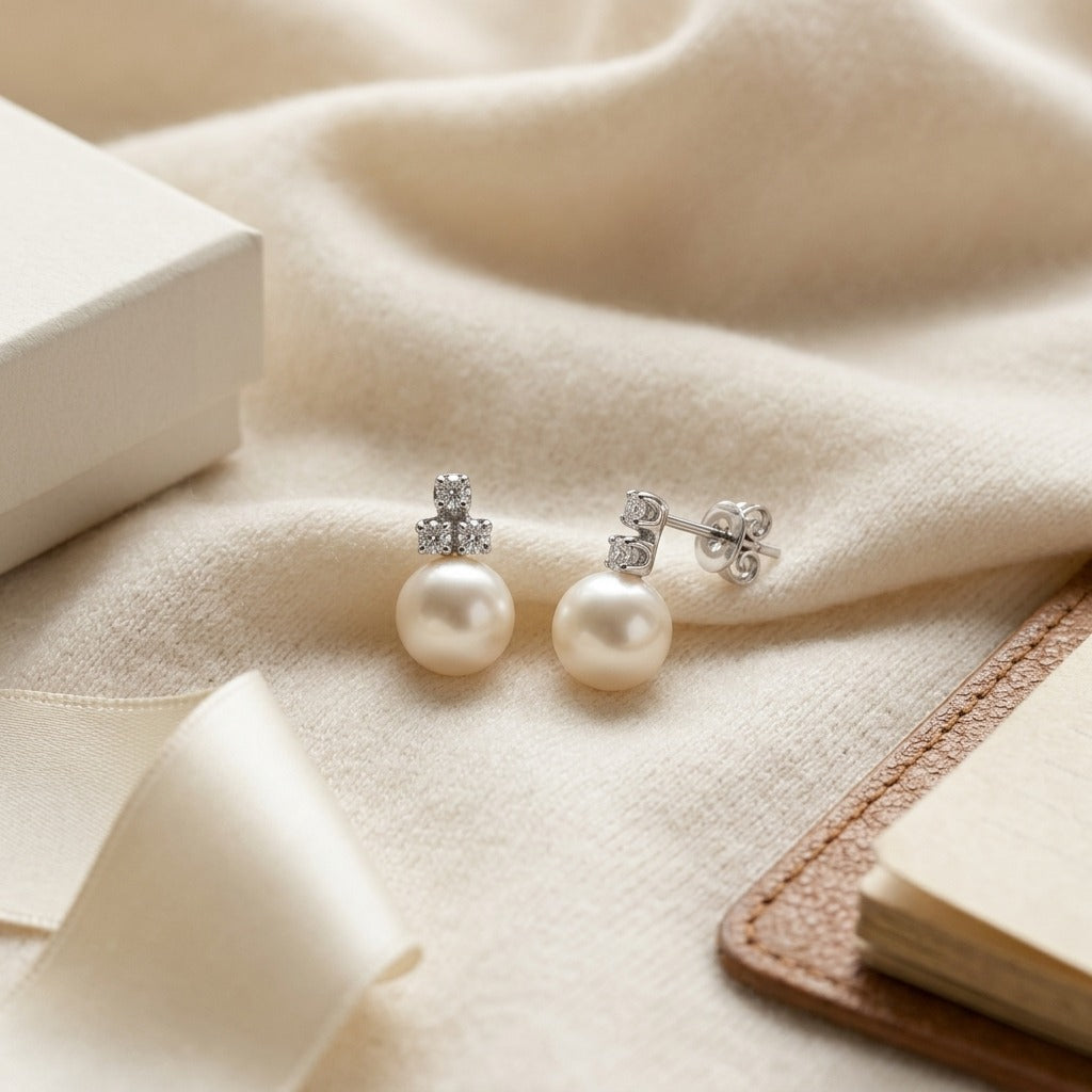 White Akoya Pearl With Diamond Earrings In 14k White Gold — textile flat lay
