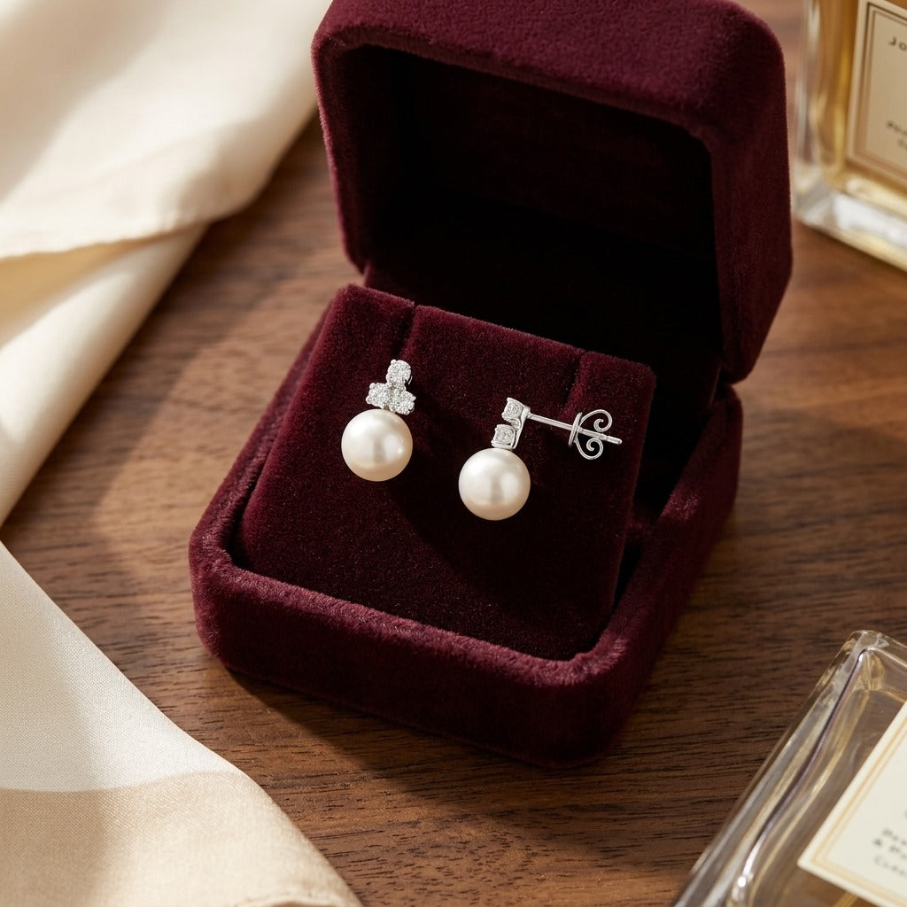 White Akoya Pearl With Diamond Earrings In 14k White Gold — velvet box
