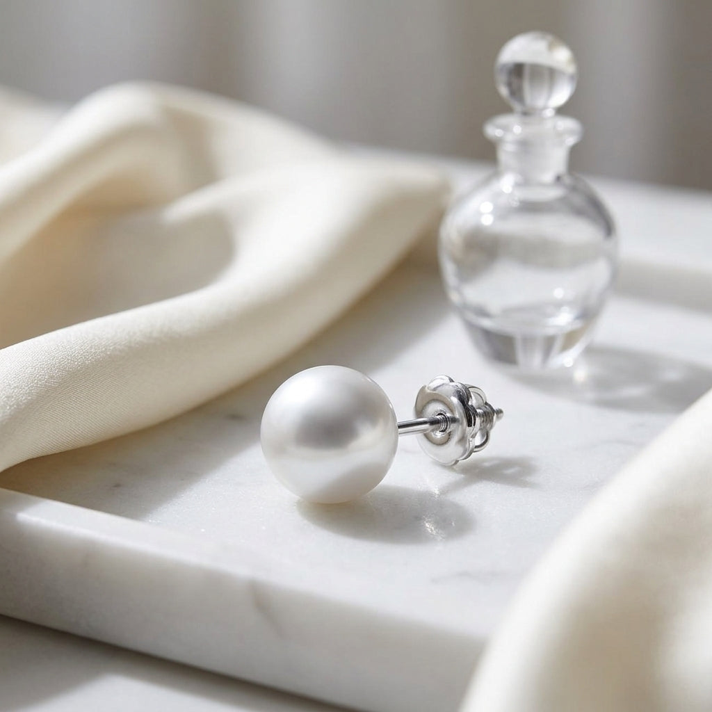 White 6-6.5mm Akoya Pearl Stud Earrings in 14K White Gold - editorial hero