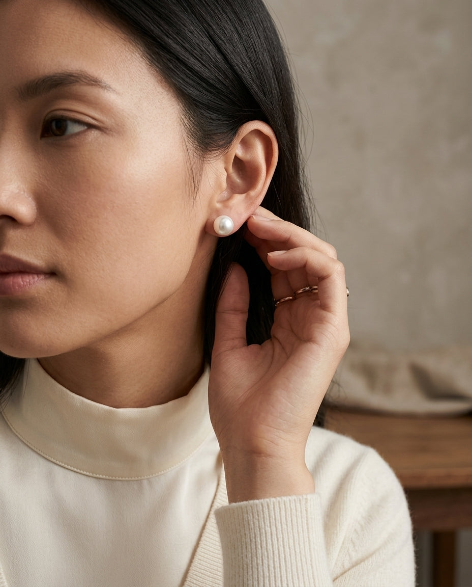 Akoya Pearl Earrings In 14k White Gold — editorial close-up