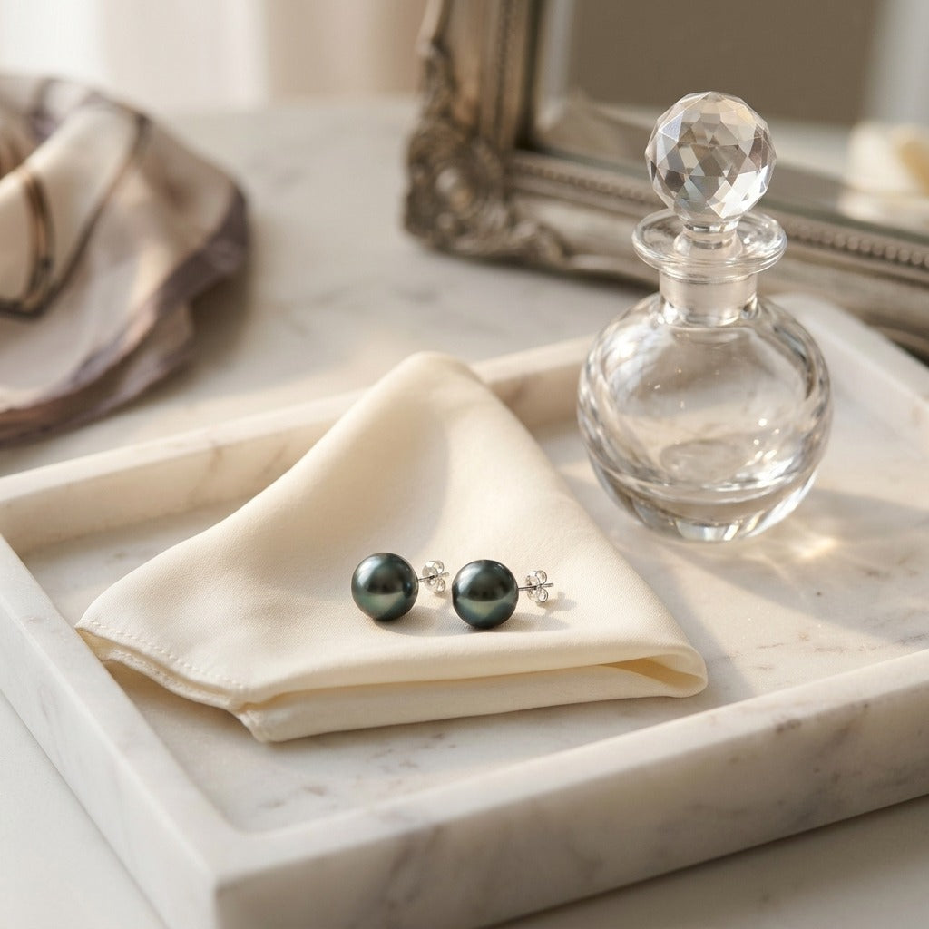 Black Sea Cultured Pearl Earrings — marble silk
