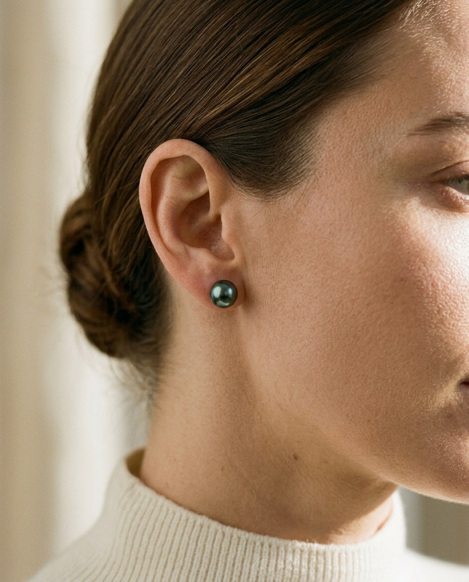 Black Sea Cultured Pearl Earrings — portrait close