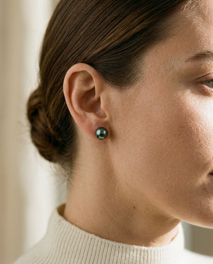 Black Sea Cultured Pearl Earrings — portrait close