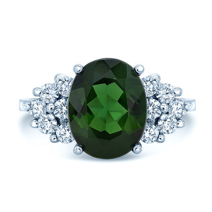 Green Tourmaline And Diamond Oval Cocktail Ring In 18k White Gold