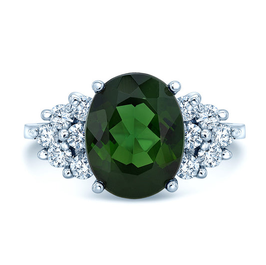 Green Tourmaline And Diamond Oval Cocktail Ring In 18k White Gold